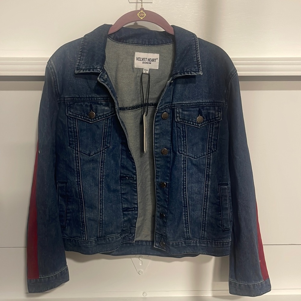 Denim jacket with red velvet stripe on sleeves